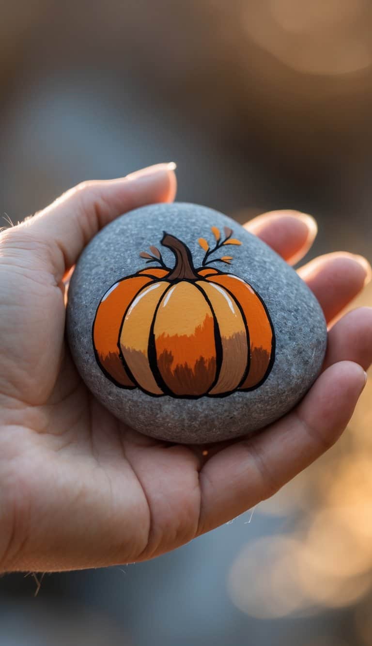 A hand holding a smooth gray stone with a painted orange pumpkin design on its surface.