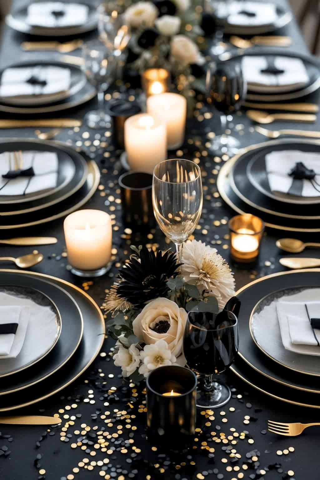 A formal table set with black and white plates, gold cutlery, candles, black goblets, floral centerpieces, and gold confetti on a black tablecloth.