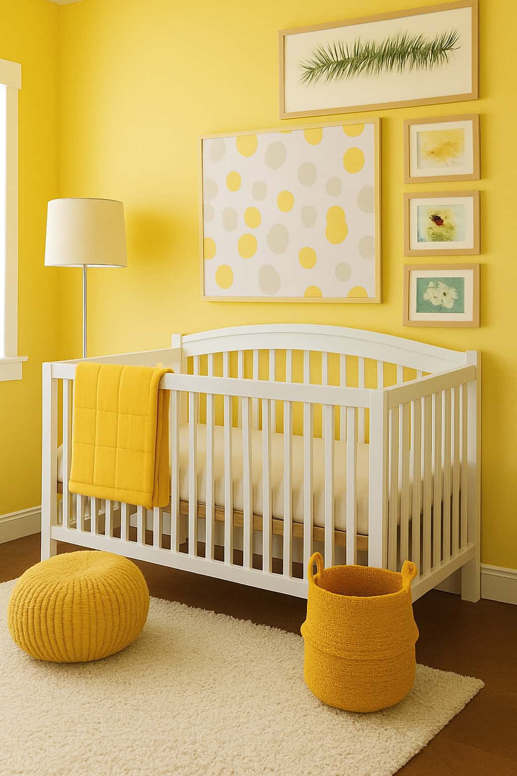 A white crib sits against a yellow wall with framed art above it. A yellow blanket, pouf, and basket accent the room, which also has a floor lamp and a white rug.
