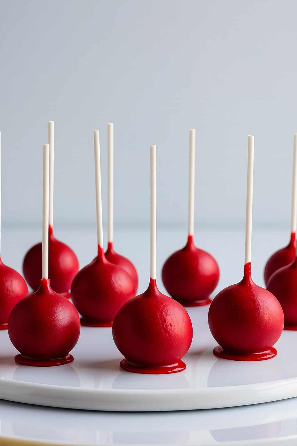 Eight red cake pops with white sticks are arranged upright on a glossy white surface against a light background.