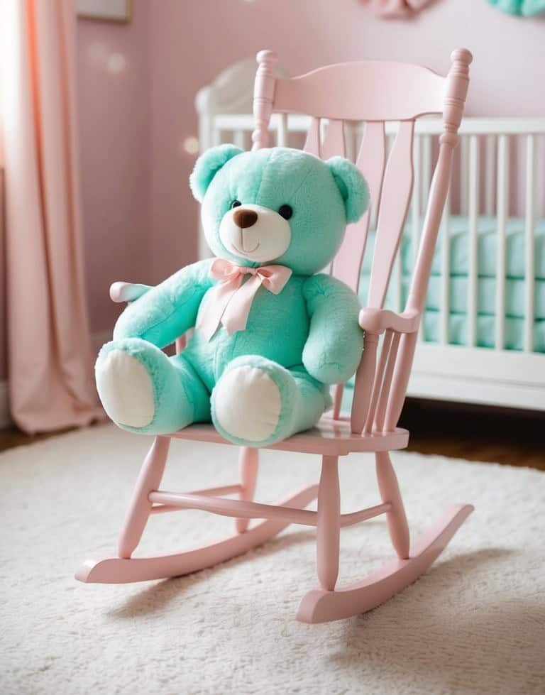 A light blue teddy bear with a pink bow sits on a pale pink wooden rocking chair in a nursery with a crib in the background.