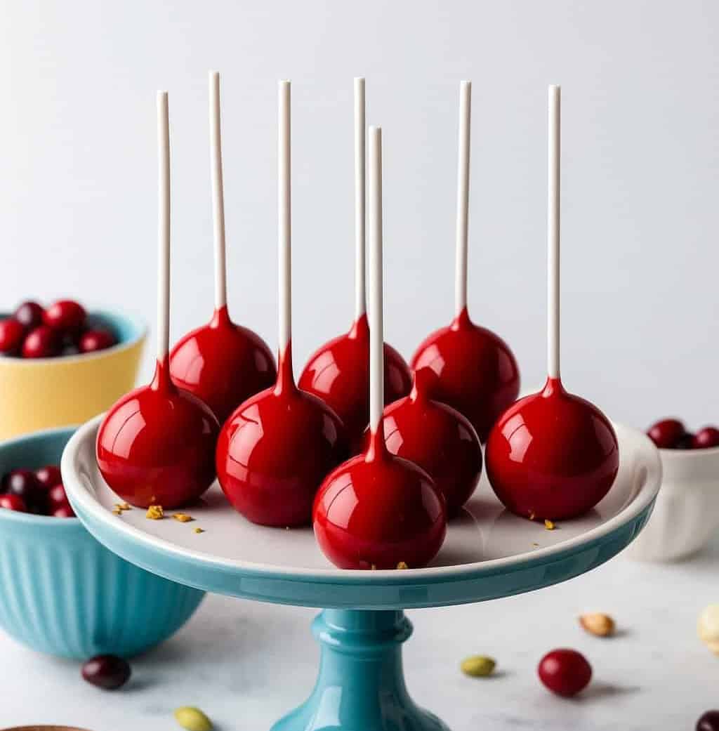 Eight shiny red cake pops on sticks are arranged on a white cake stand, with bowls of cranberries and nuts in the background.