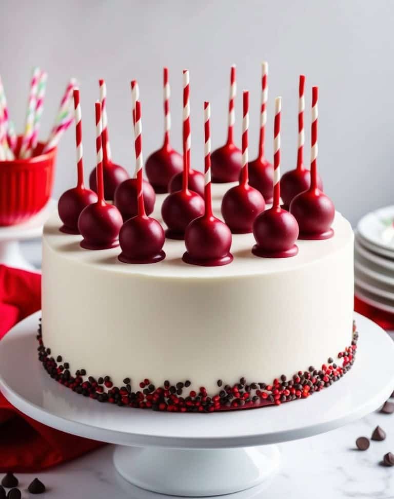 A round white frosted cake topped with red cake pops on striped sticks, decorated with red and brown sprinkles around the base, displayed on a white cake stand.