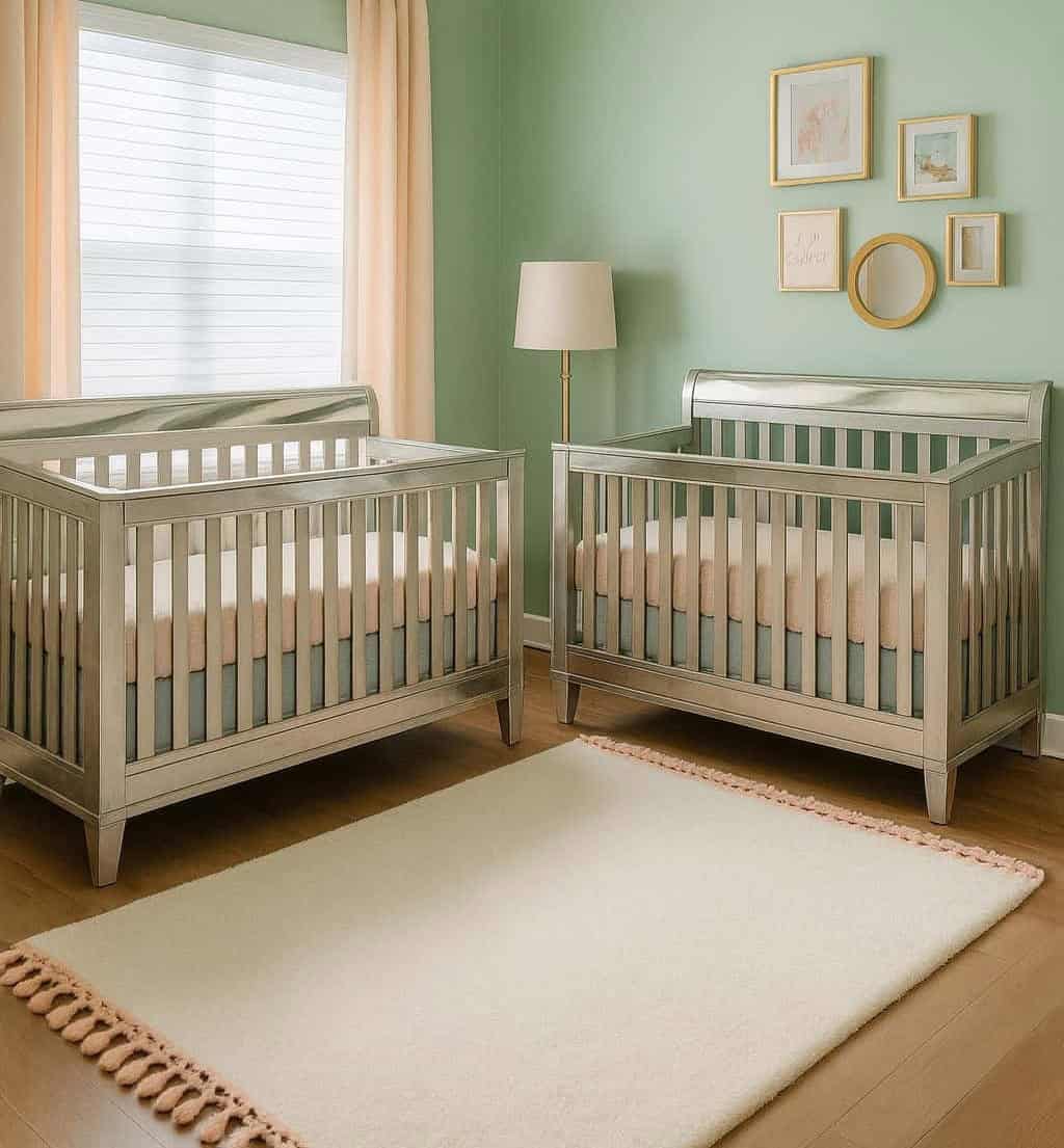 A nursery room with two silver cribs, a cream rug, a floor lamp, pastel green walls, and framed artwork above the cribs. Light from a window with peach curtains fills the space.