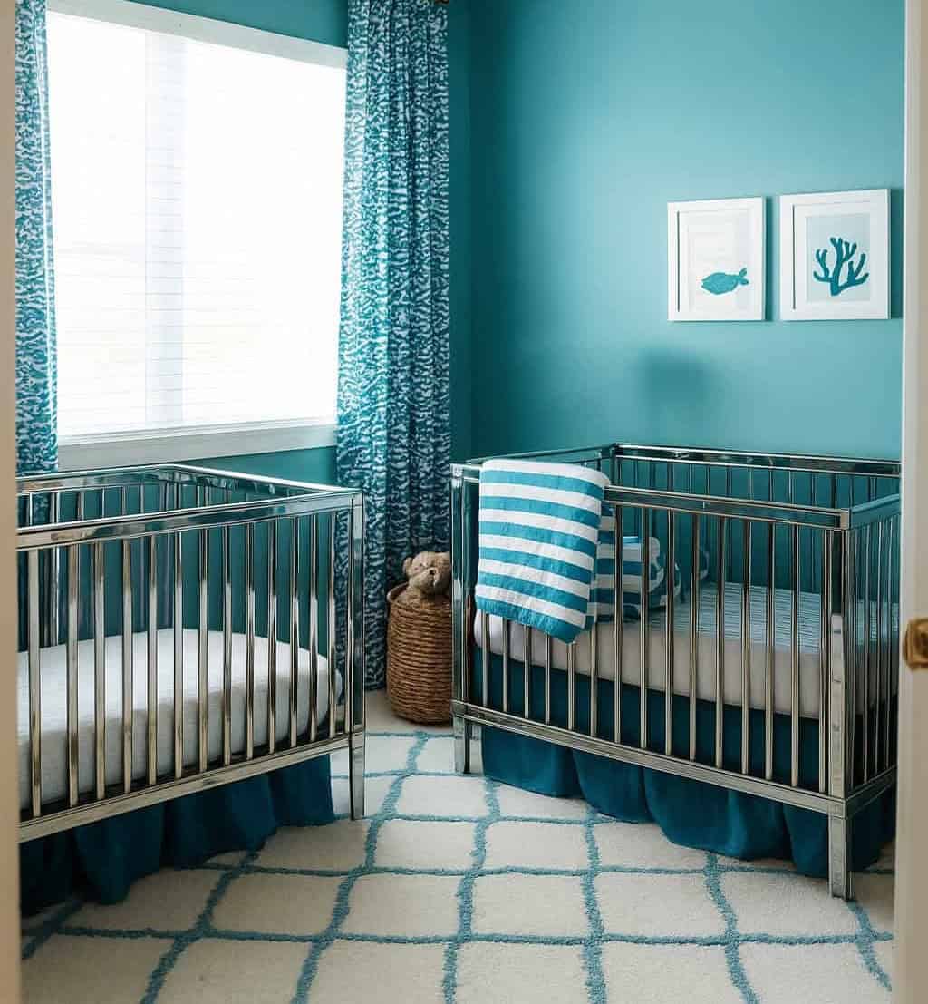 A turquoise-themed nursery with two metal cribs, a striped blanket, a patterned rug, blue curtains, and framed wall art above the cribs.