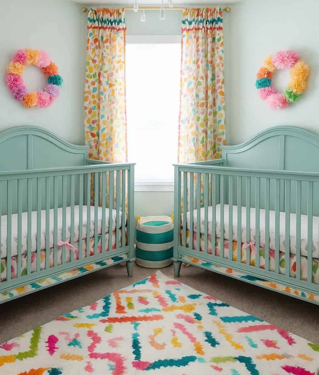 A nursery with two light blue cribs, a colorful patterned rug, matching curtains, a striped basket, and two pom-pom wreaths on the wall.