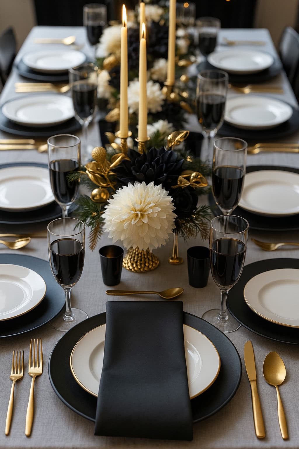 A formal dining table set with black, white, and gold plates, gold cutlery, black glasses, white flowers, and three lit candles in the center.