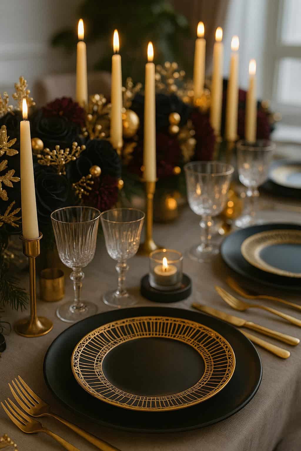 Elegant table setting with black and gold plates, gold cutlery, crystal glasses, lit candles, and floral centerpiece featuring black and burgundy flowers with gold accents.