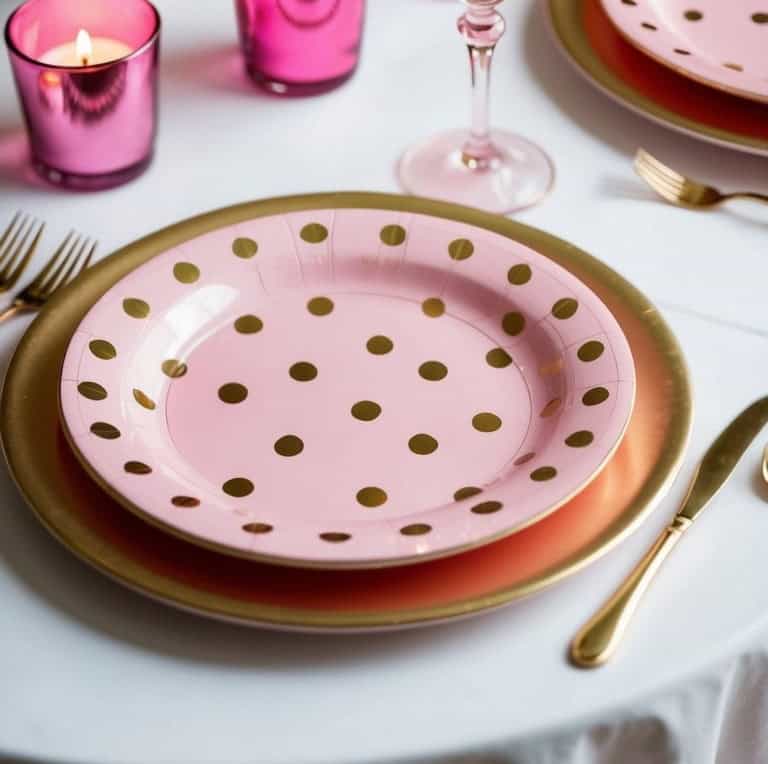 A table setting with a pink plate featuring gold polka dots on a gold charger, pink glassware, gold utensils, and a lit pink candle.
