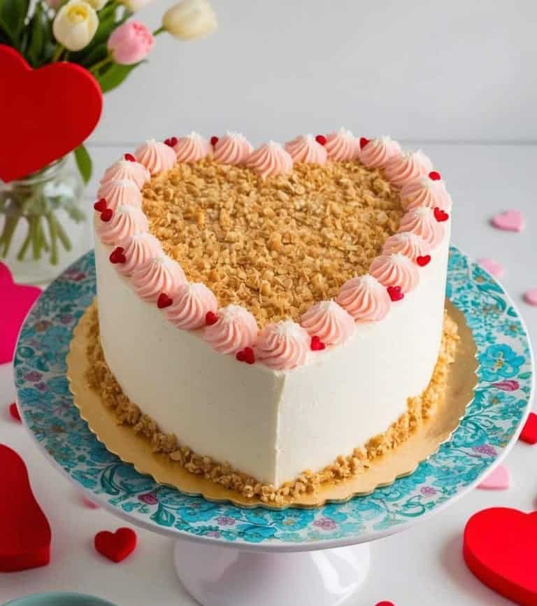 A heart-shaped cake with white frosting, pink rosettes, red heart decorations, and crushed nuts on top sits on a floral cake stand.