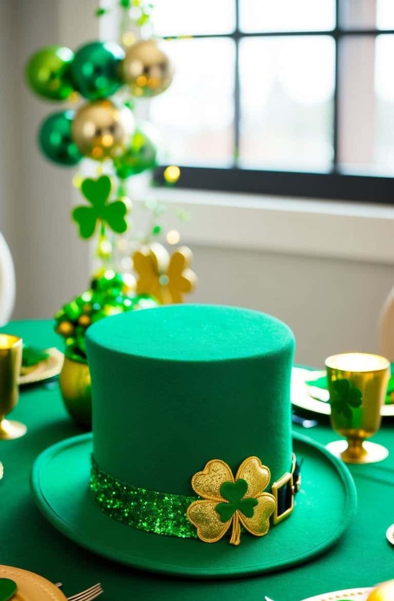 A green top hat with gold shamrock decorations sits on a festive table set with green and gold St. Patrick's Day decor, including cups, plates, and balloons.