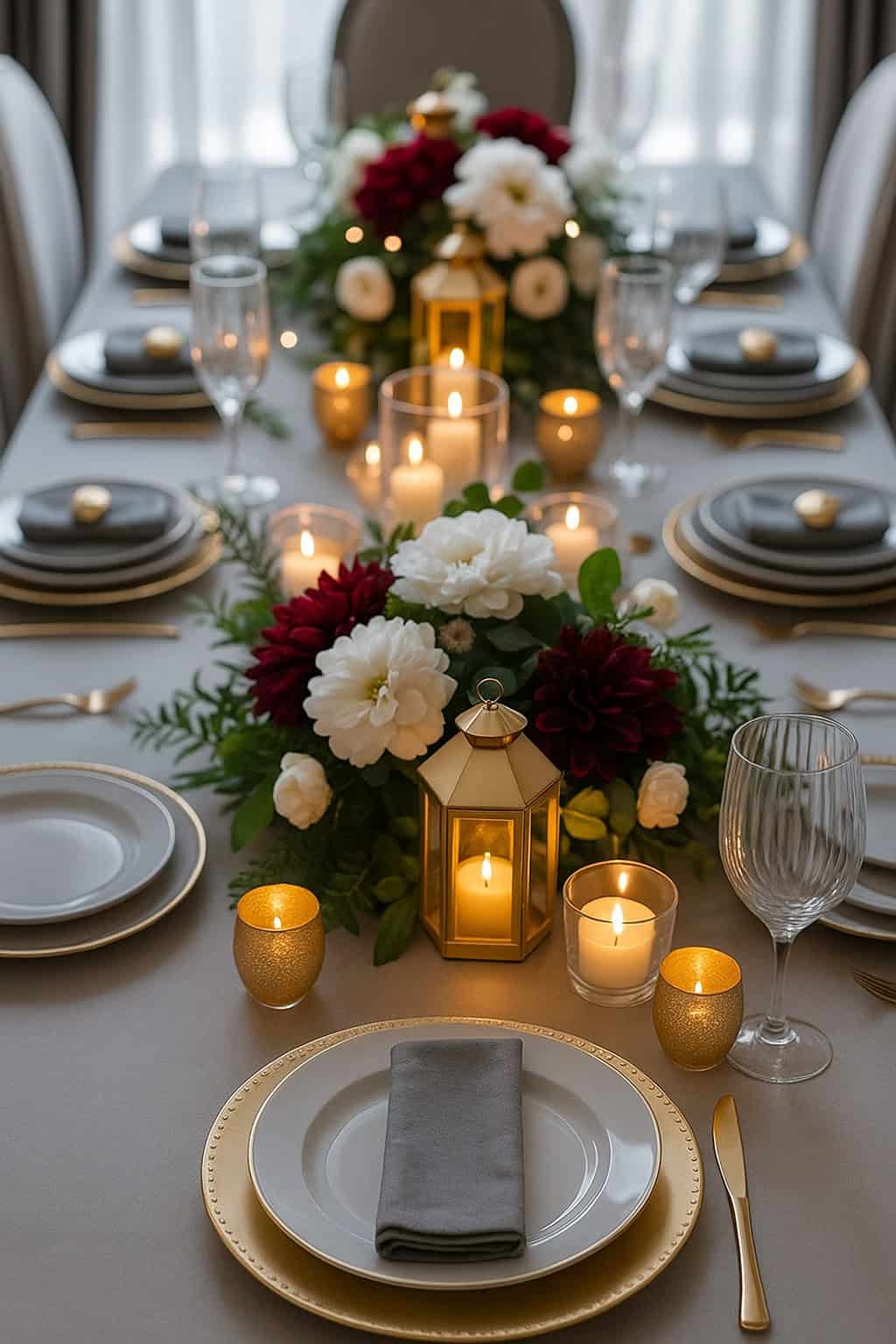 A formal dining table set with gold-rimmed plates, gray napkins, candles, gold lanterns, and floral centerpieces in red and white.