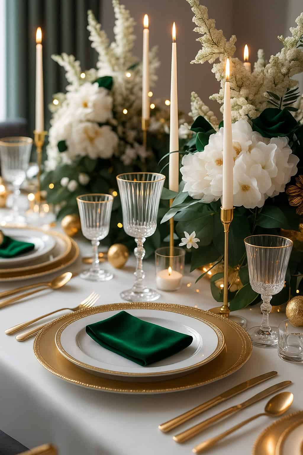 A formal dining table set with gold flatware, white plates with gold chargers, green napkins, crystal glasses, tall lit candles, and white floral centerpieces.