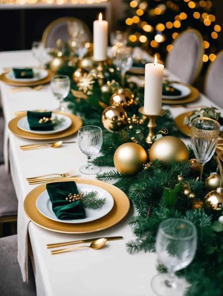Elegant holiday table setting with gold and green decorations, candles, and festive greenery, featuring gold-rimmed plates and glassware.