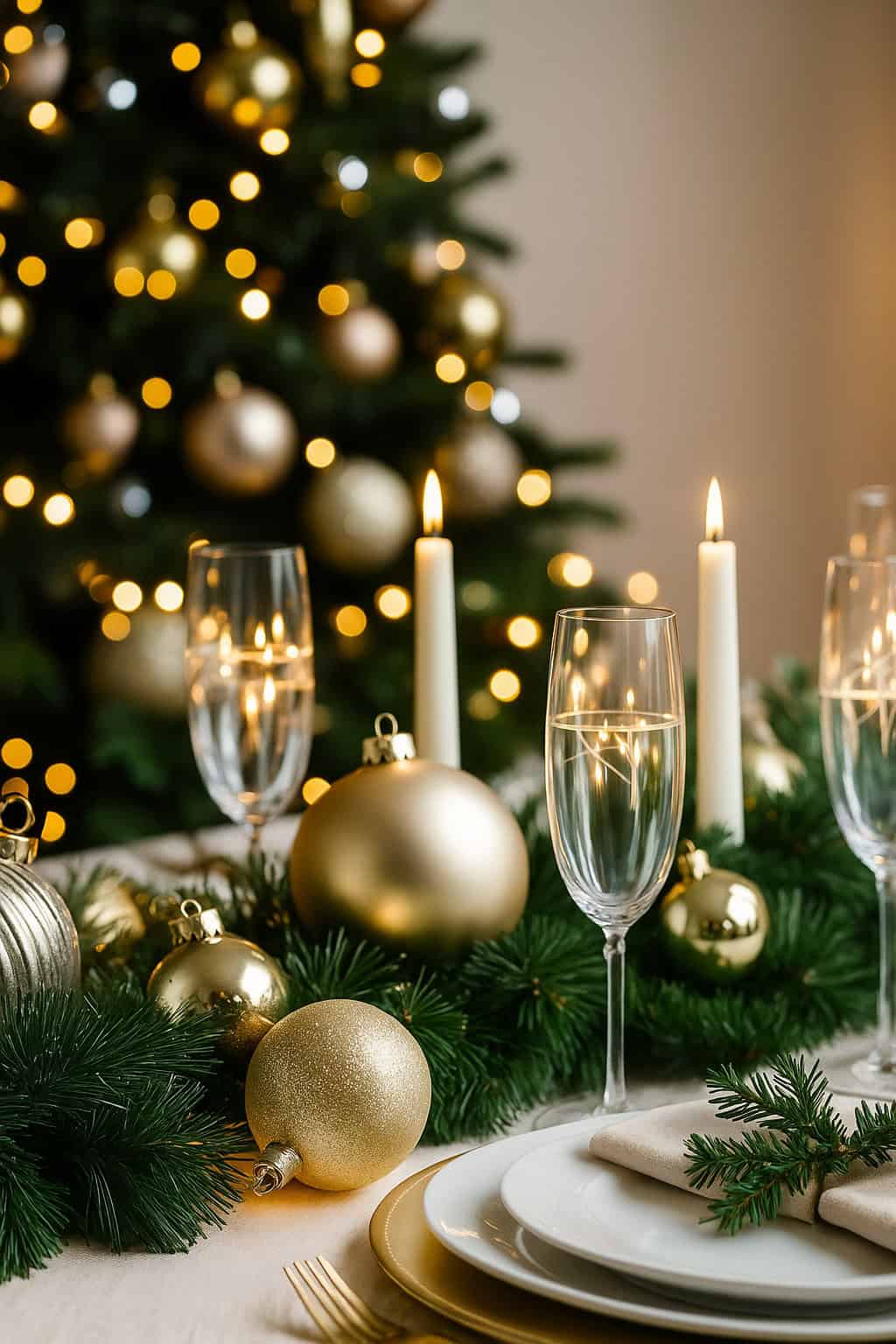 A festive table setting with gold ornaments, evergreen branches, lit candles, and champagne glasses, with a decorated Christmas tree in the background.