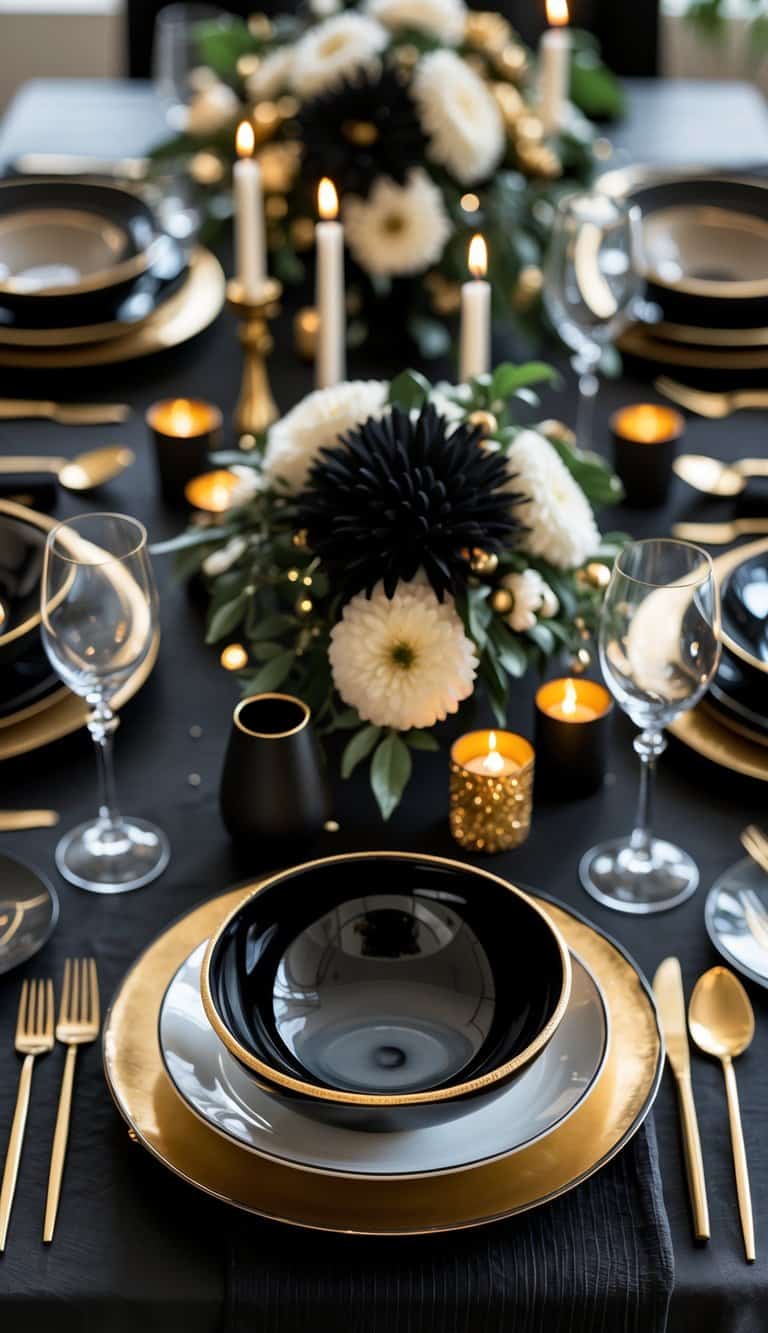 A dining table set with black ceramic bowls with gold edges, black and gold plates, glasses, candles, and floral centerpieces.