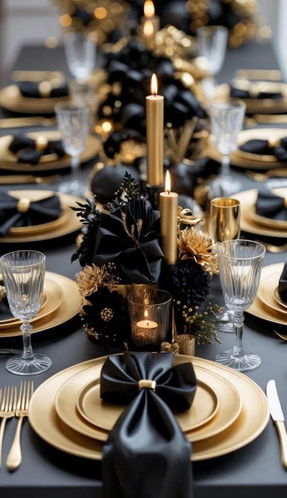 Elegant dinner table set with black and gold plates, black napkins tied in bows, gold flatware, glassware, lit candles, and black and gold floral centerpieces.