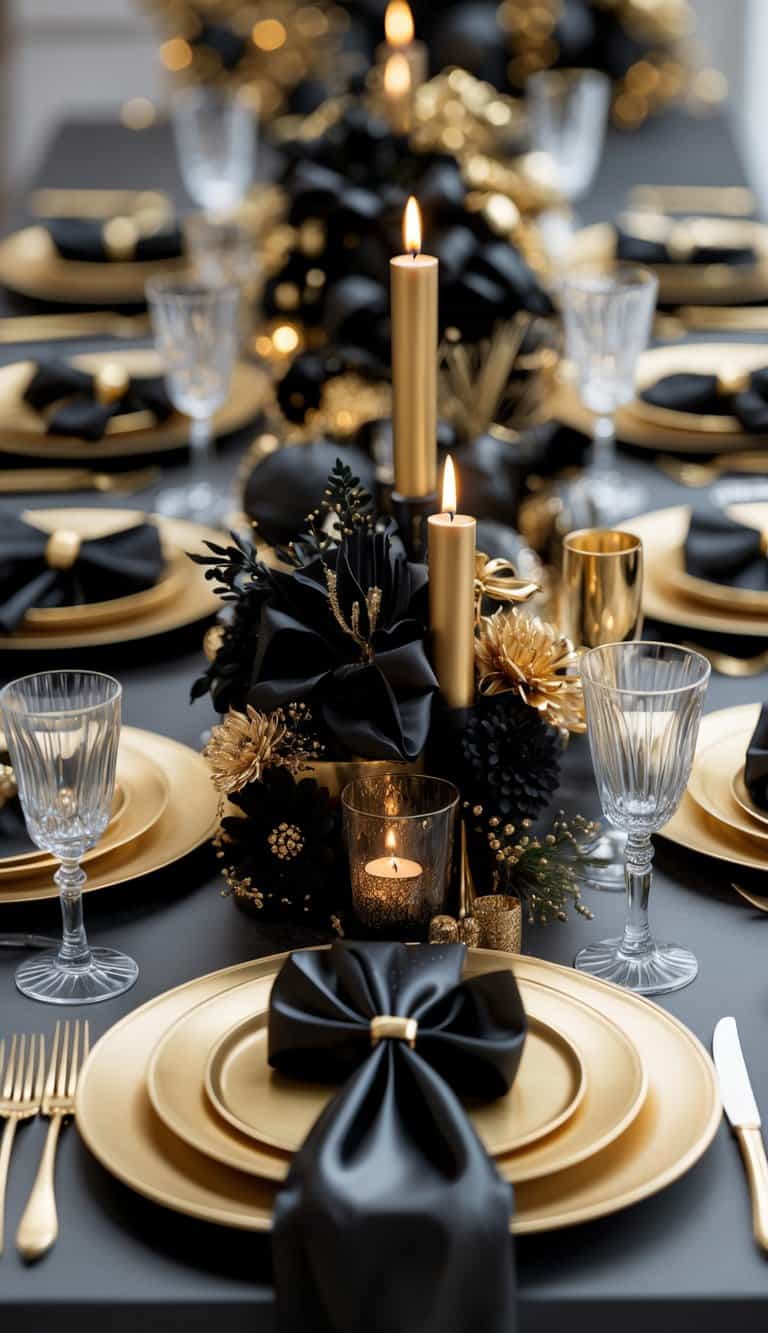 Elegant dinner table set with black and gold plates, black napkins tied in bows, gold flatware, glassware, lit candles, and black and gold floral centerpieces.
