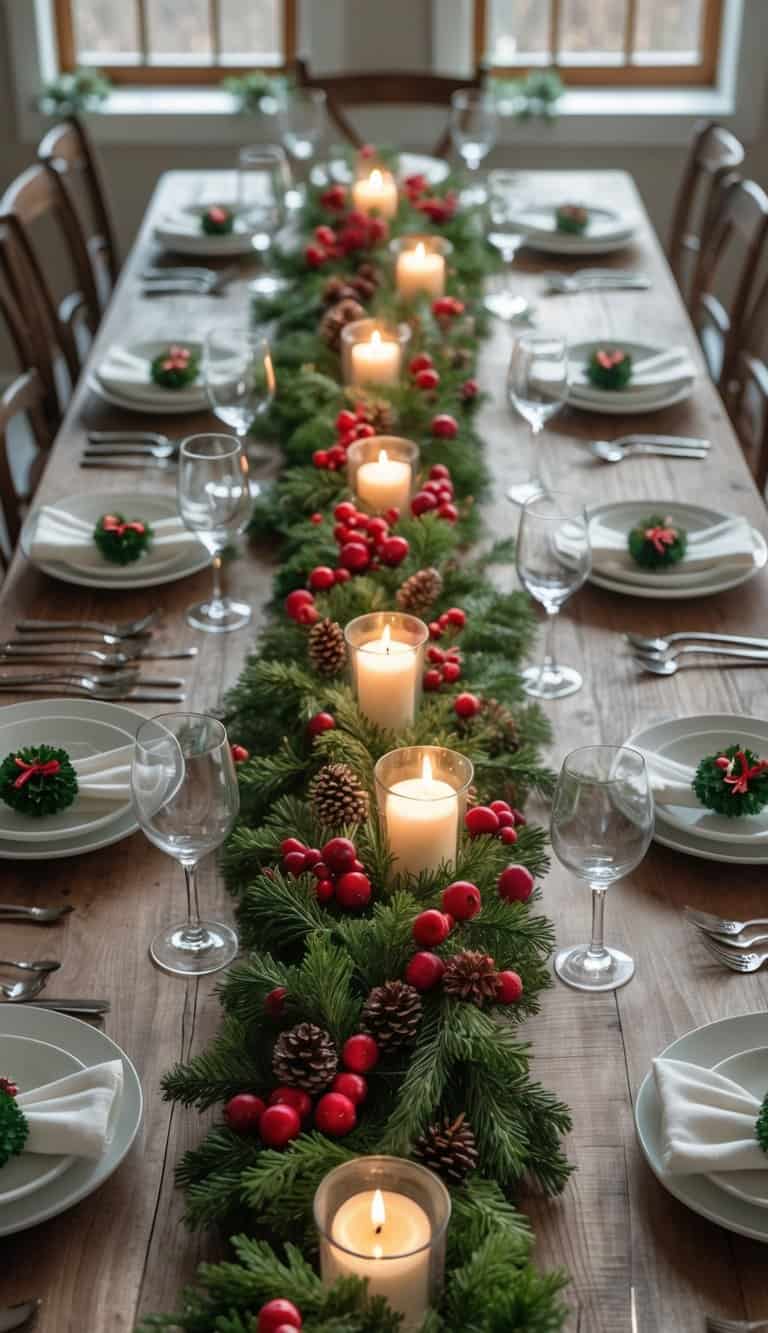 A dining table set for Christmas with plates, glasses, cutlery, mini wreath napkin rings, candles, and greenery centerpieces.