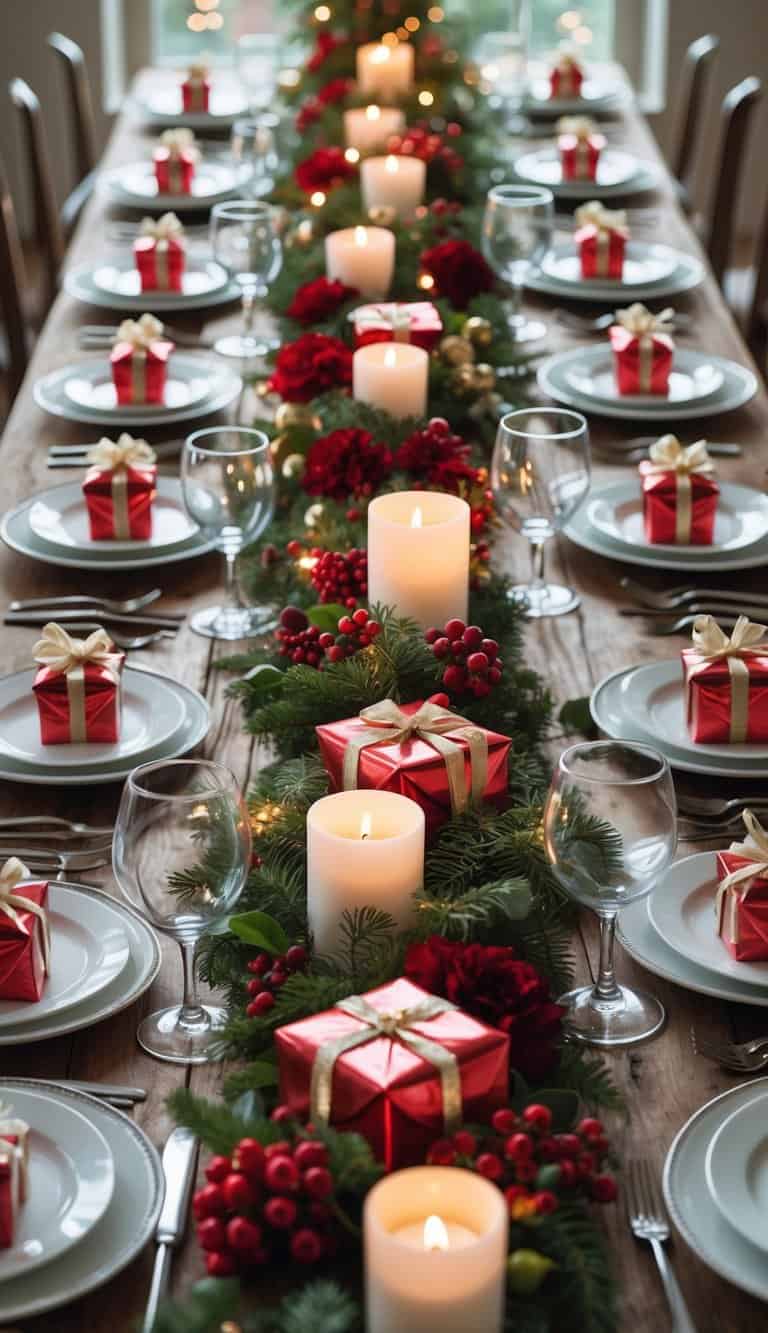 A dining table set for Christmas with plates, glasses, cutlery, mini gift boxes, candles, and floral centerpieces.