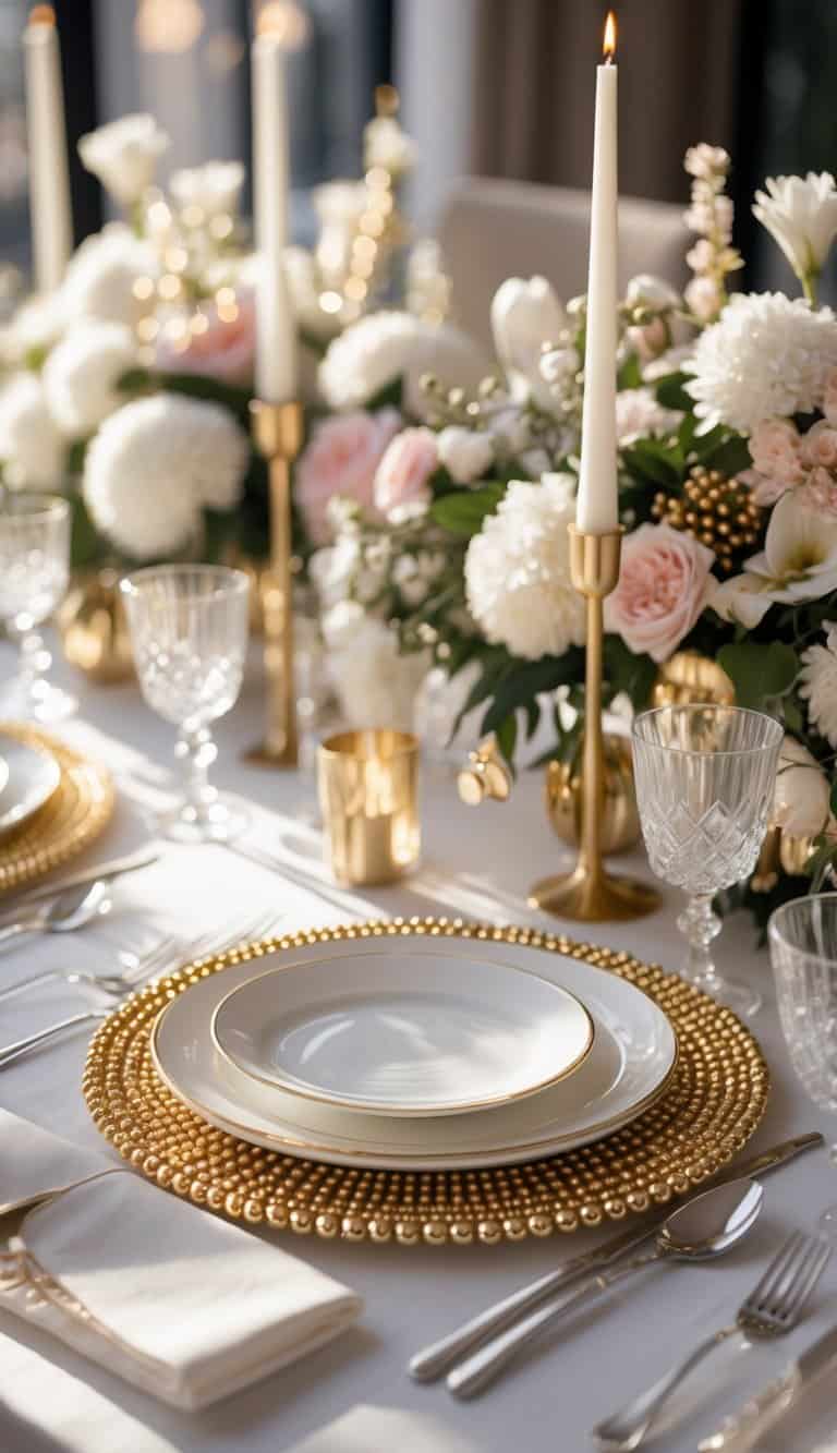 A dining table set with gold beaded charger plates, white plates, crystal glasses, floral centerpieces, and candles in natural daylight.