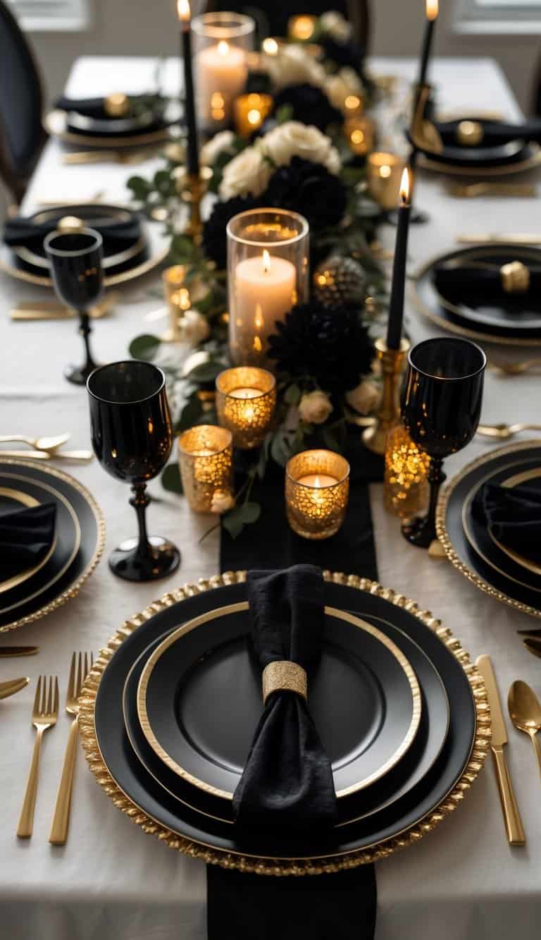 A dining table set with black and gold plates, glasses, gold candle holders, and floral centerpieces under natural light.