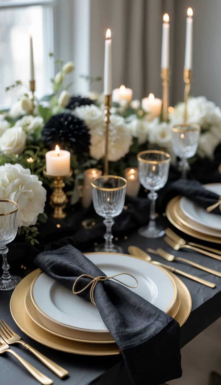 A dining table set for a New Year's Eve celebration with black napkins tied with gold twine, white plates with gold rims, floral centerpieces, candles, glassware, and gold cutlery under natural light.