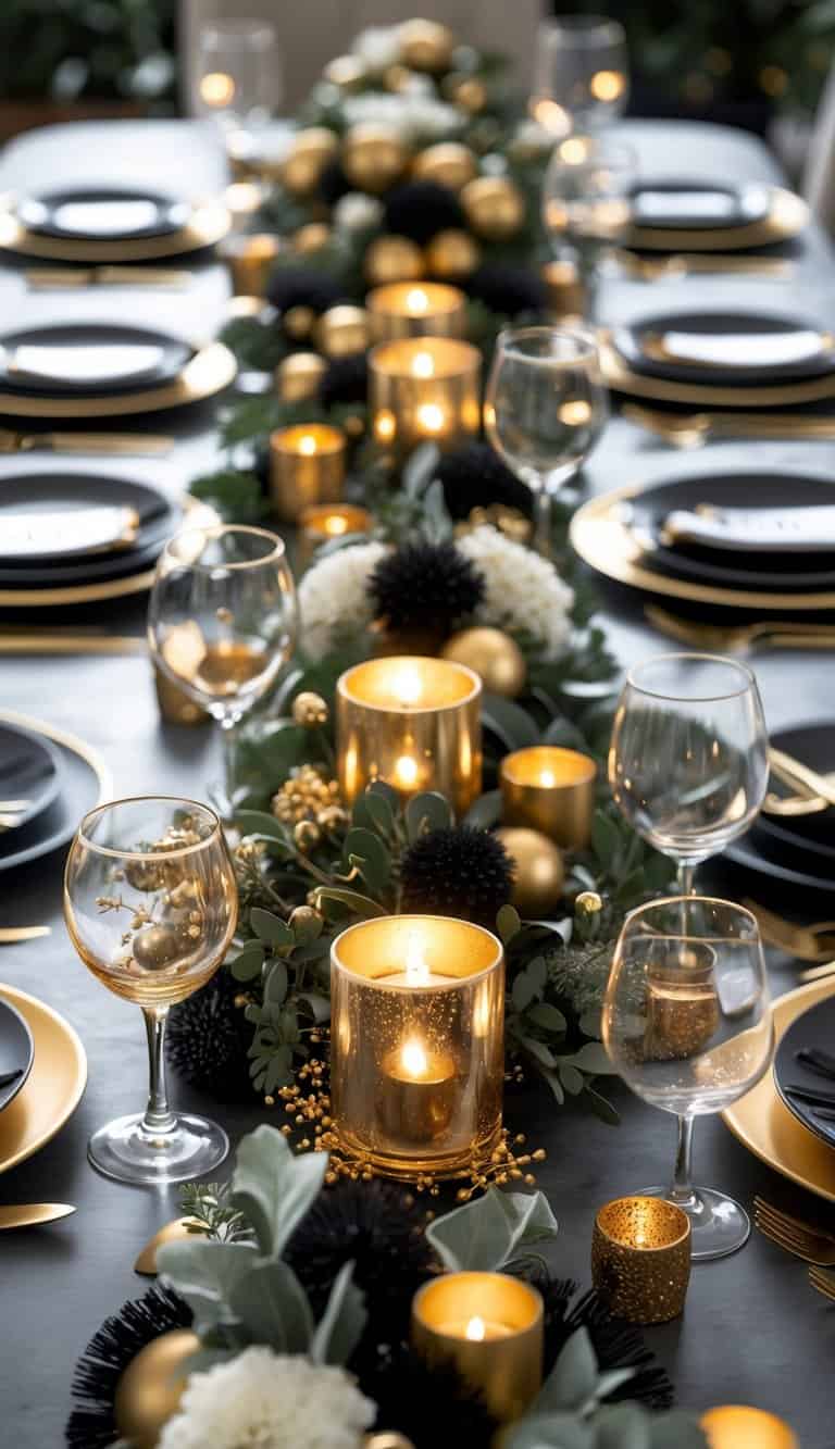 A dining table set with plates, glasses, gold mercury glass candle votives, and floral centerpieces for a New Year's Eve celebration.