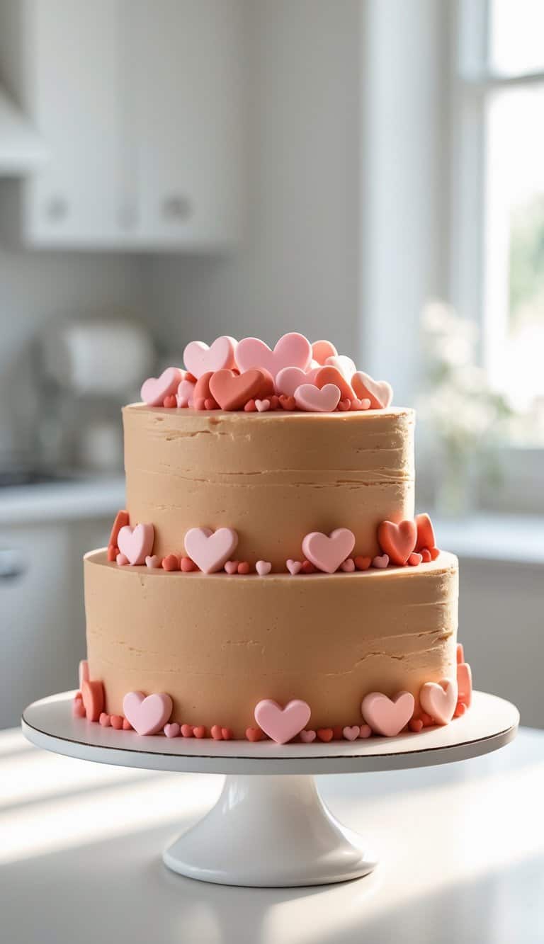 Two-tier salted caramel cake decorated with pink and red heart shapes on a white cake stand in a bright home kitchen.