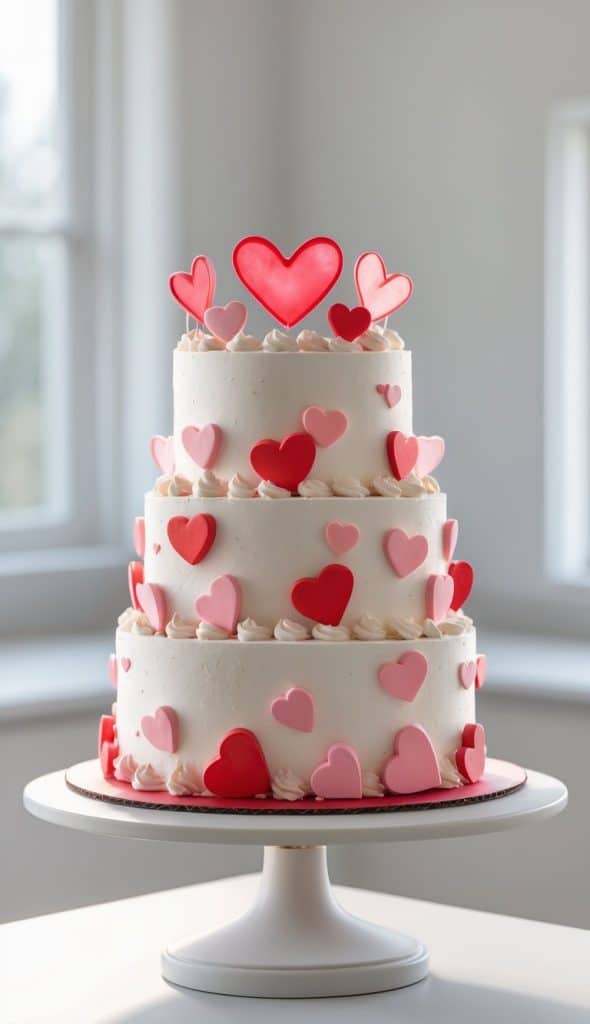 A three-tiered white cake decorated with red and pink heart shapes stands on a white cake stand in a bright room.