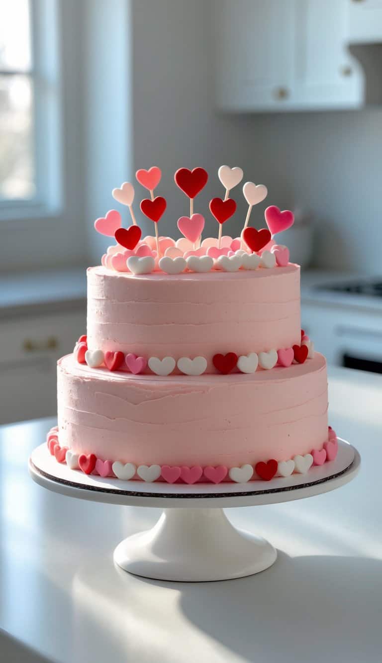 A two-tier heart-shaped cake with pink frosting and candy heart decorations on a white cake stand in a bright home kitchen.