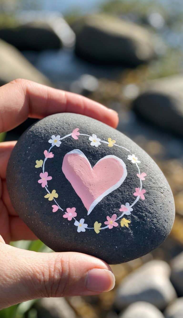 A hand holding a smooth river rock painted with a pink heart and small flowers.