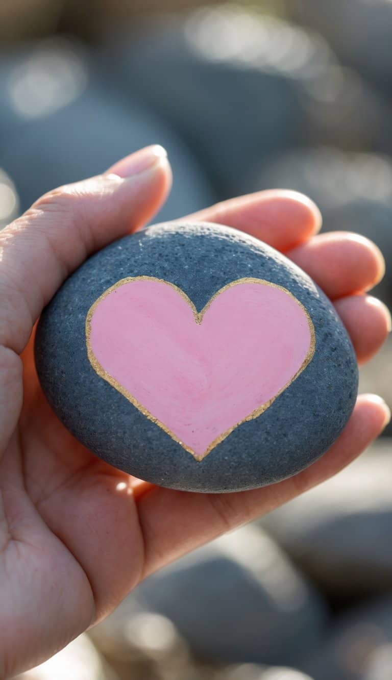 A hand holding a smooth river rock painted with a pink heart outlined in gold.