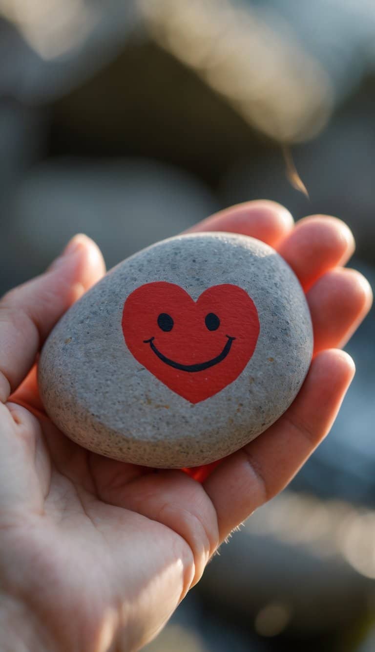 A hand holding a smooth river rock painted with a red heart and a smiling face.