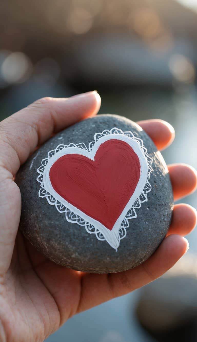 A hand holding a smooth river rock painted with a red heart and a white lacy border.