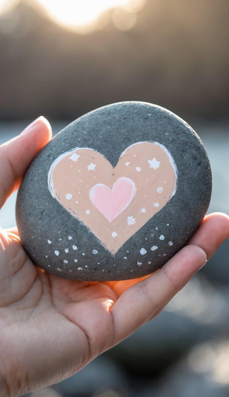 A hand holding a smooth river rock painted with a heart filled with tiny stars.