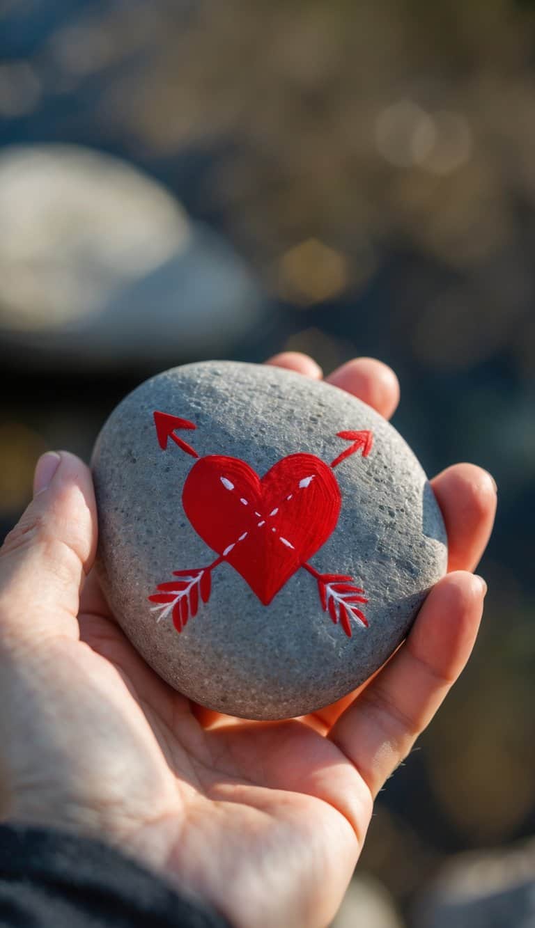 A hand holding a smooth river rock painted with a bright red heart and two arrows.