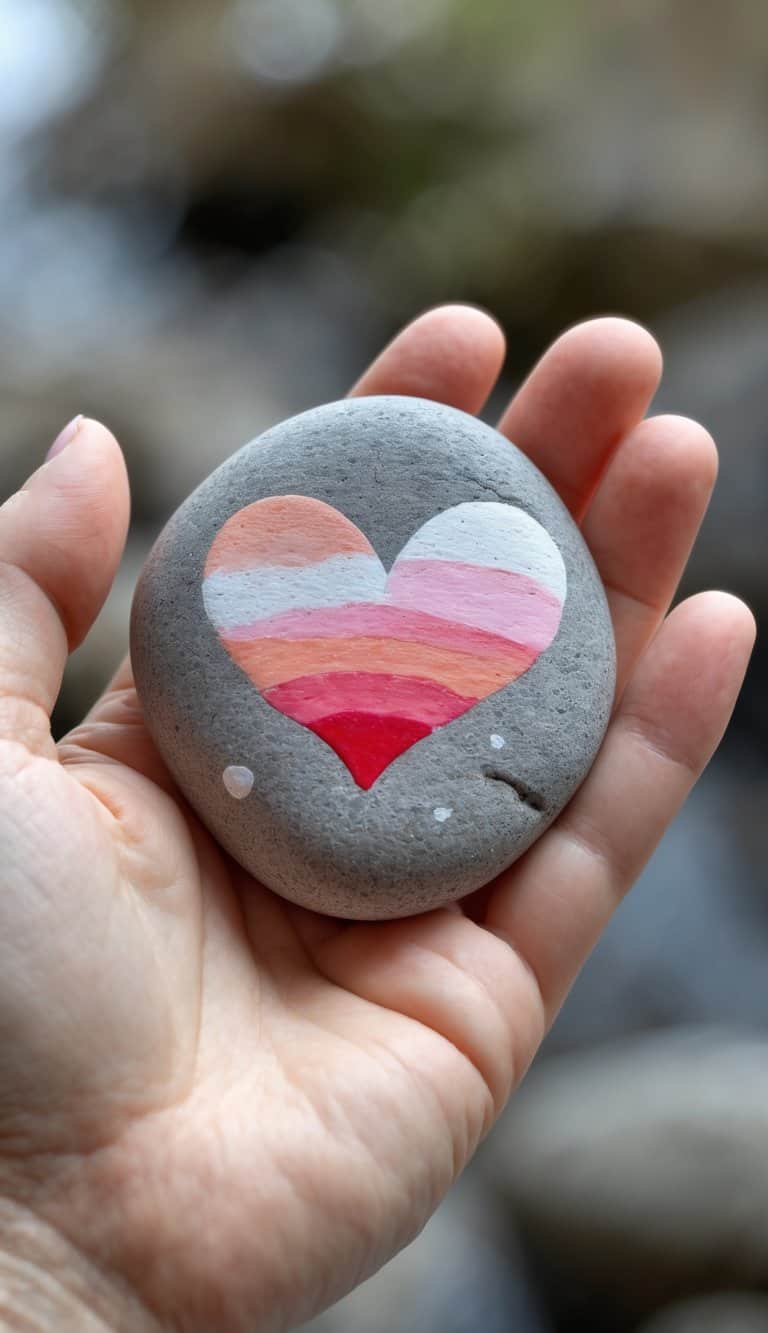 A hand holding a smooth river rock painted with a heart design.