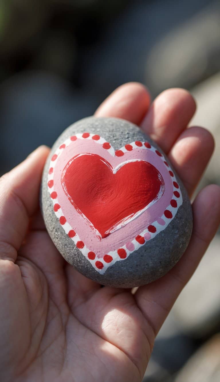 A hand holding a smooth river rock painted with a red heart and white polka dots on a pink background.
