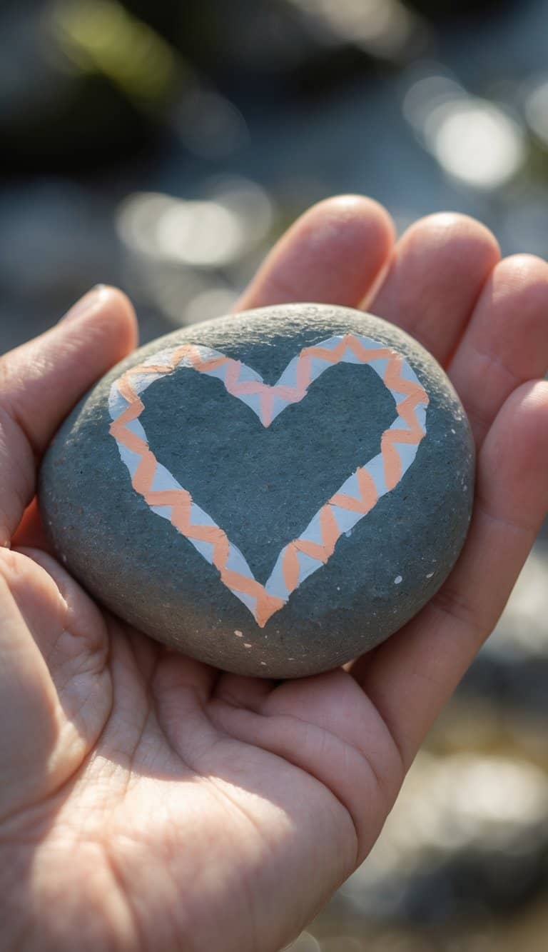A hand holding a smooth river rock painted with a heart and zigzag patterns.