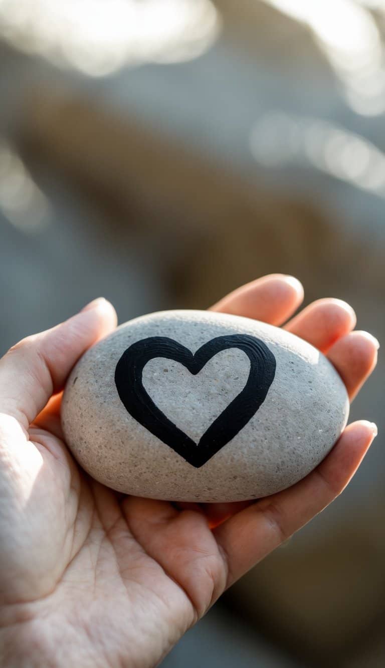 Hand holding a smooth river rock painted with a simple black heart outline.
