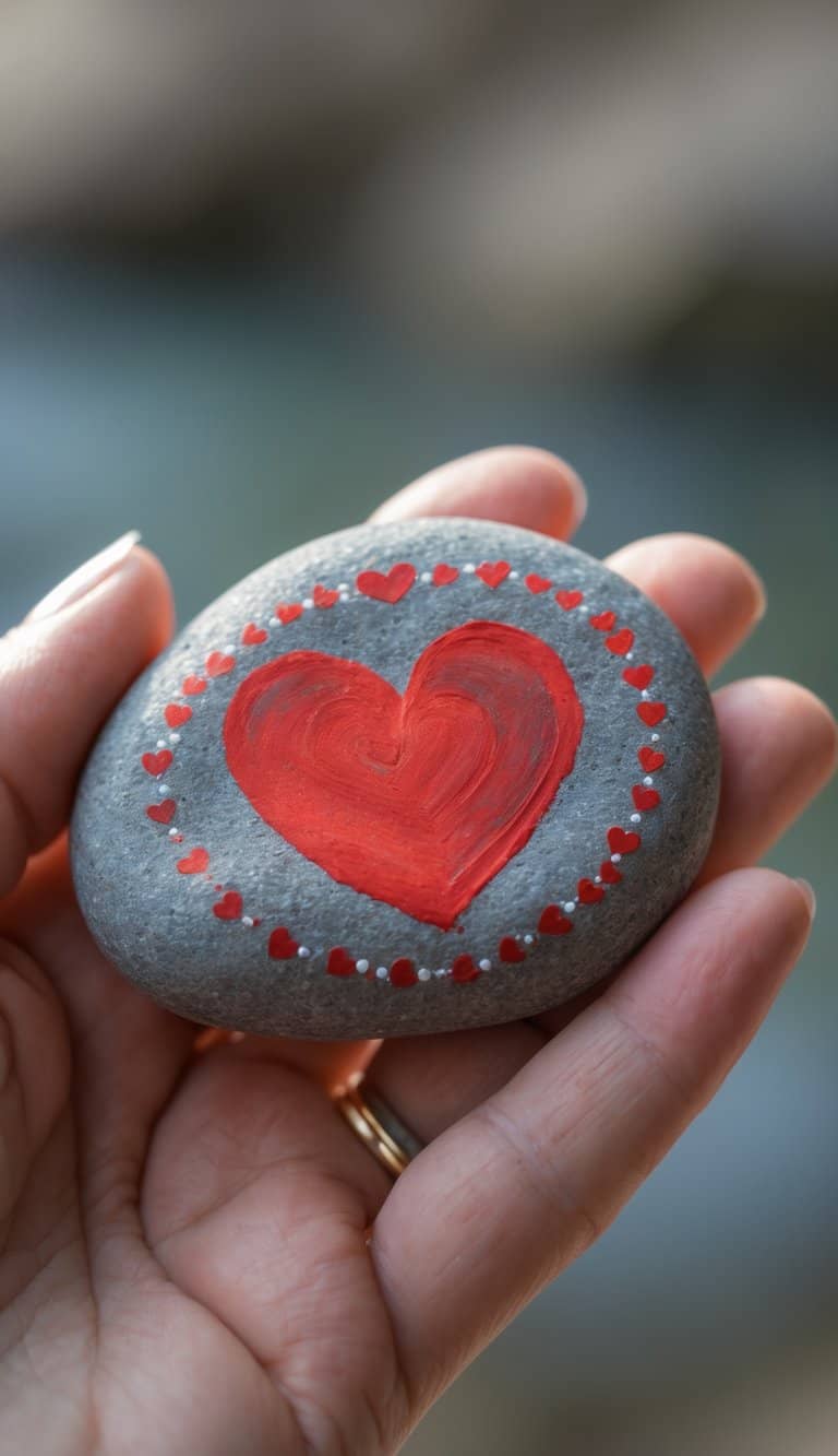 A hand holding a smooth river rock painted with a red heart surrounded by small dots.