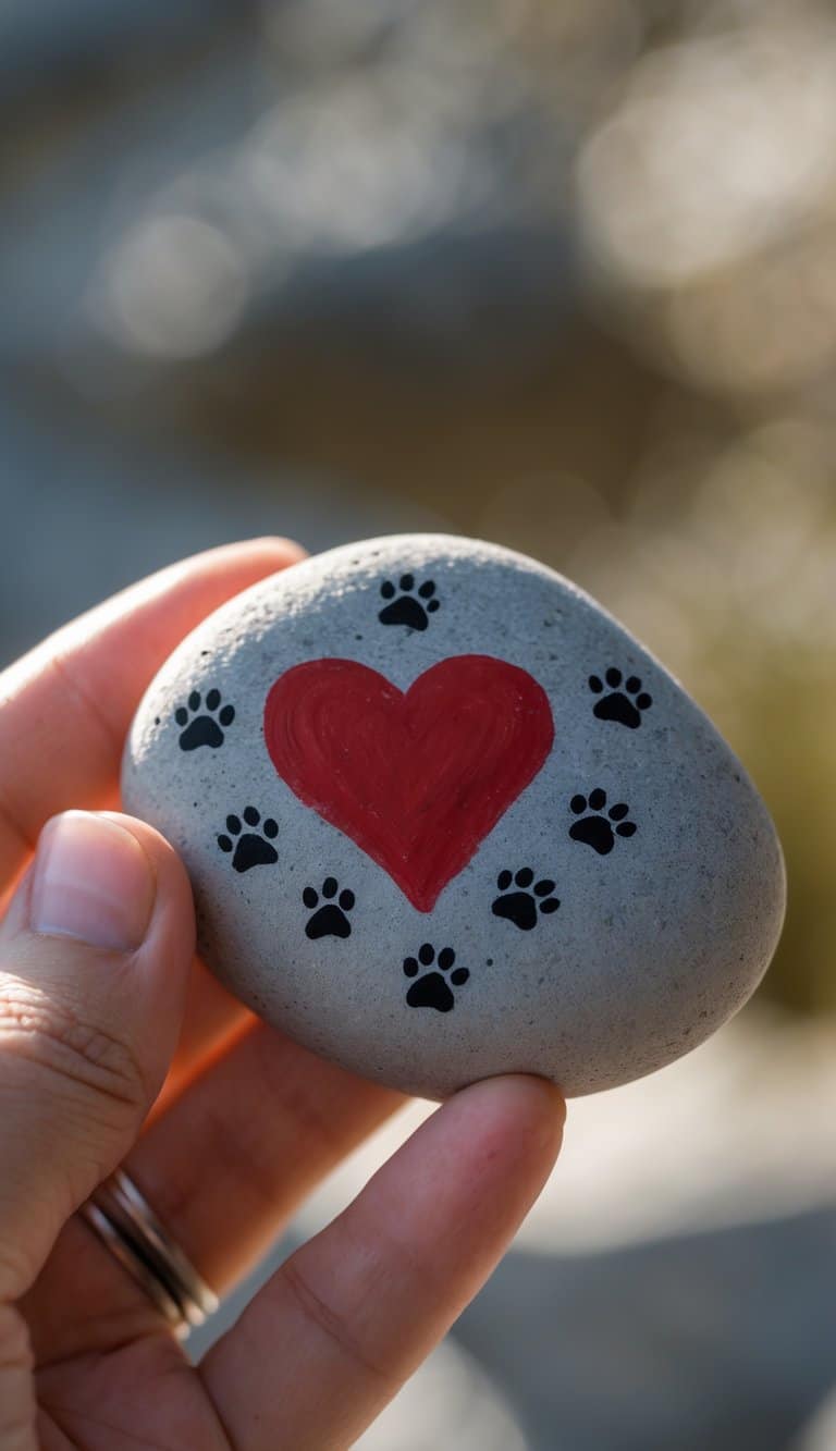 A hand holding a smooth river rock painted with a red heart and black paw prints.