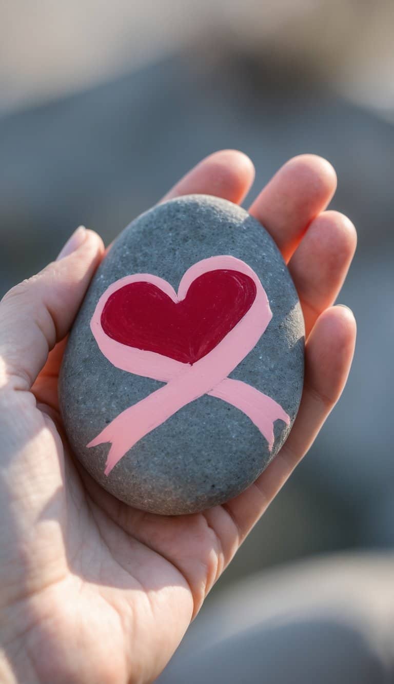 A hand holding a smooth river rock painted with a red heart wrapped in a pink ribbon.
