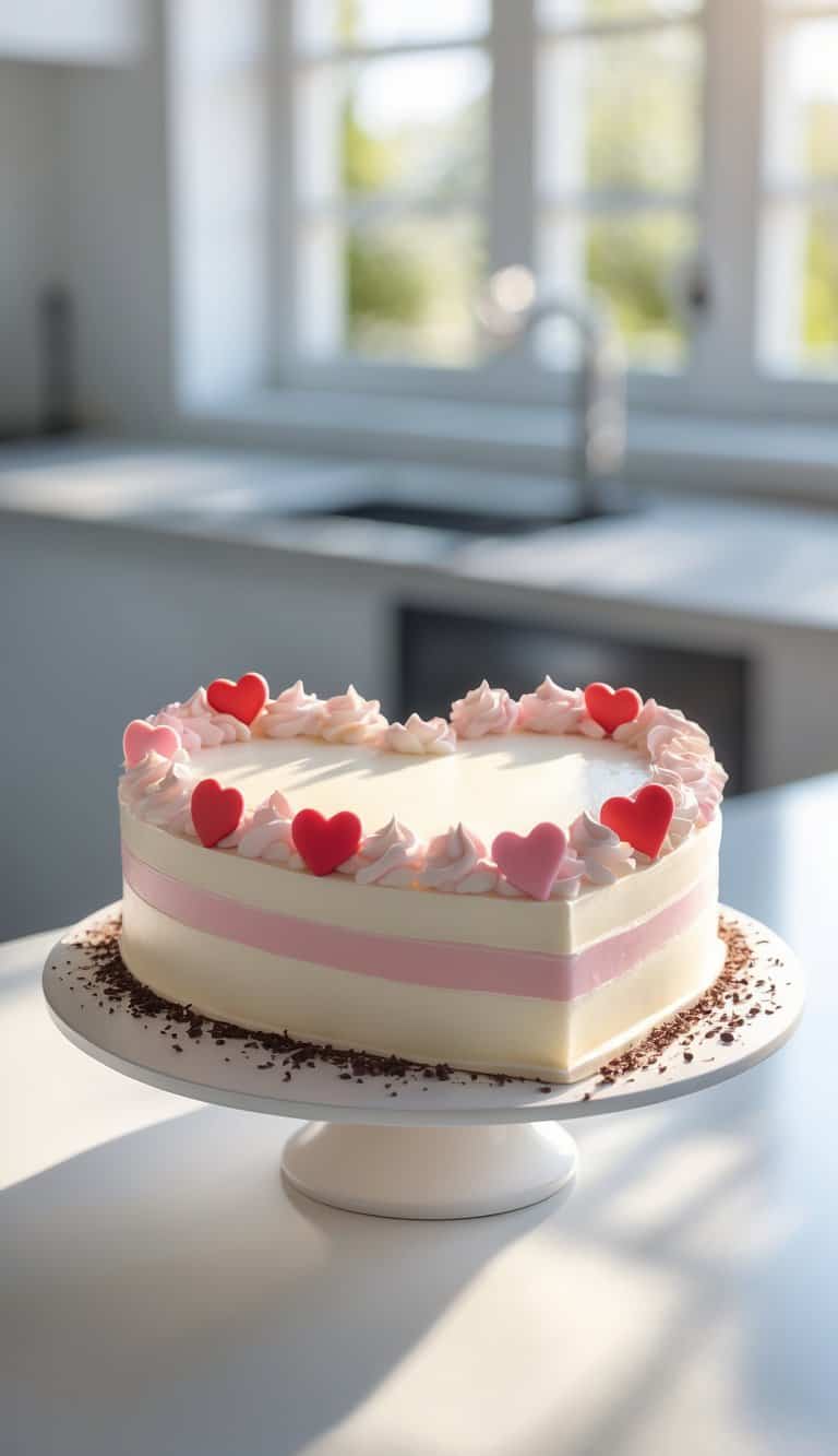 Heart-shaped cake with pink and white frosting decorated with red and pink heart shapes and chocolate shavings on a cake stand in a bright home kitchen.