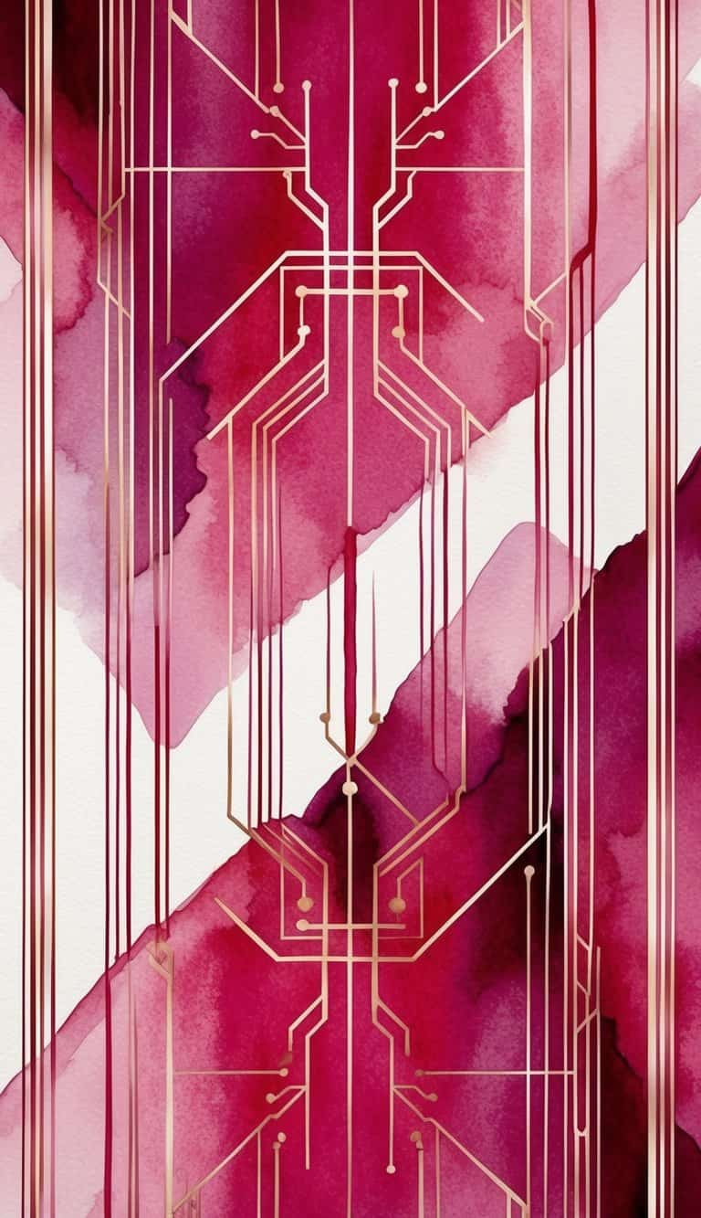 A sleek, art deco-inspired iPhone wallpaper featuring intricate ruby circuitry patterns