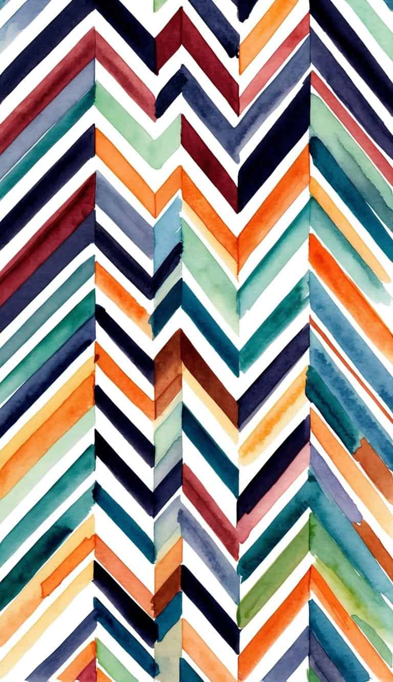 A bold, art deco pattern of chevron lines in various colors, arranged in a repeating pattern for iPhone wallpapers