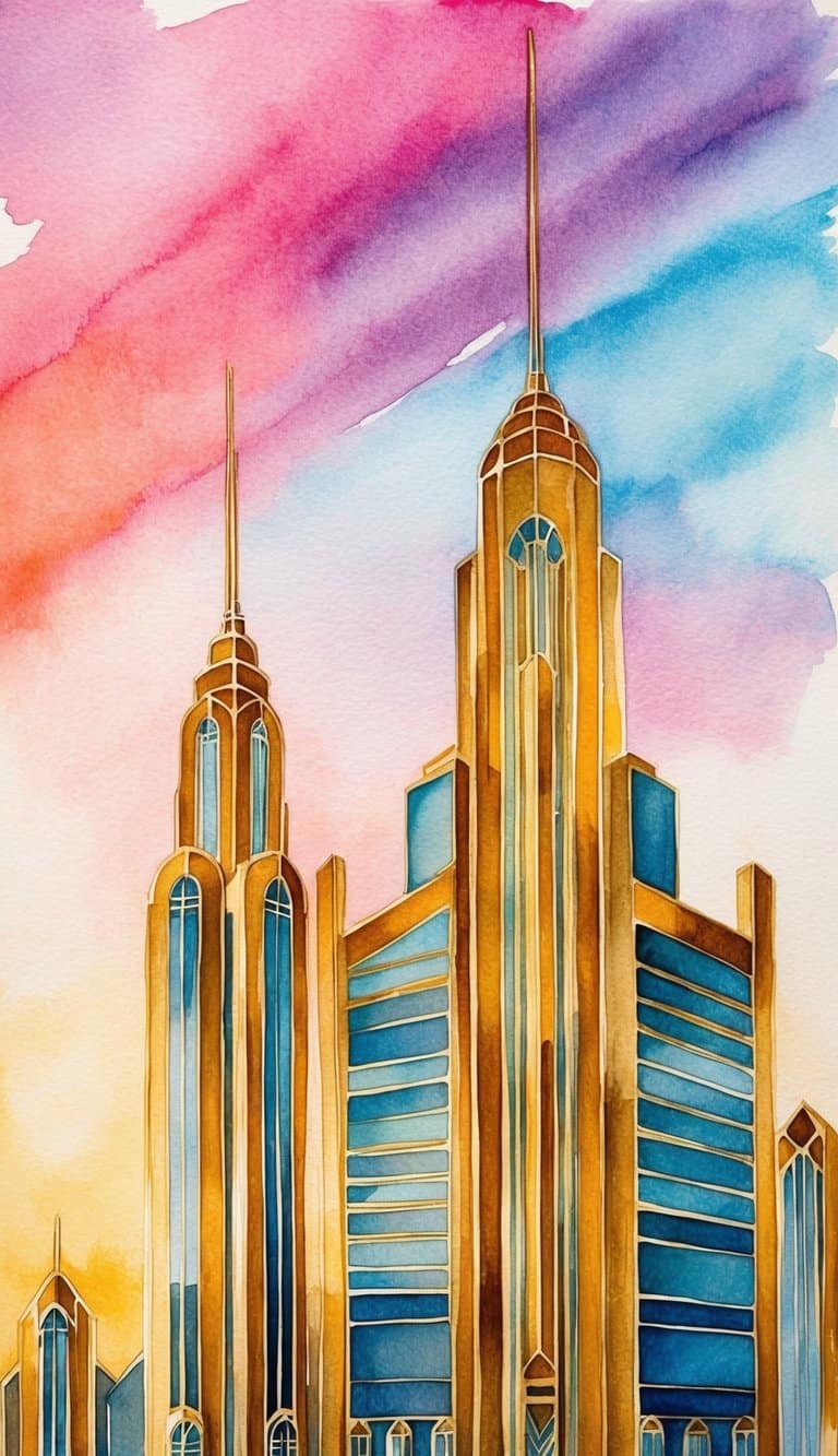 A gilded art deco skyline with sleek, geometric buildings against a vibrant, sunset-lit sky