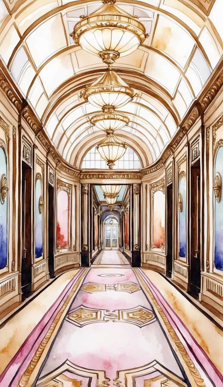 A grand art deco hallway with luxurious curves and intricate details, adorned with 50 opulent iPhone wallpapers