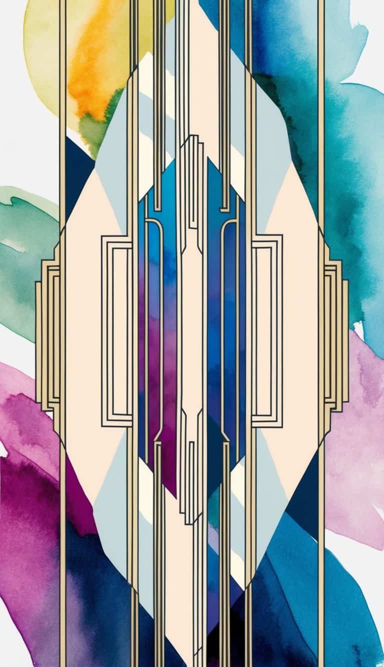 A sleek, art deco iPhone wallpaper featuring intricate linework patterns in bold, vibrant colors, evoking a sense of modern elegance and sophistication